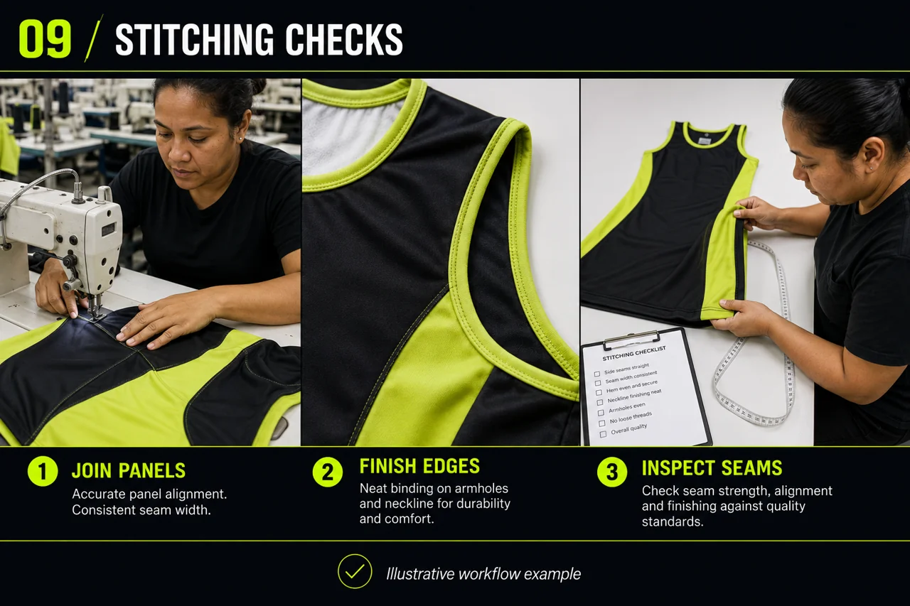 Review panel joining, edge finishing and seam inspection on the sewn garment.