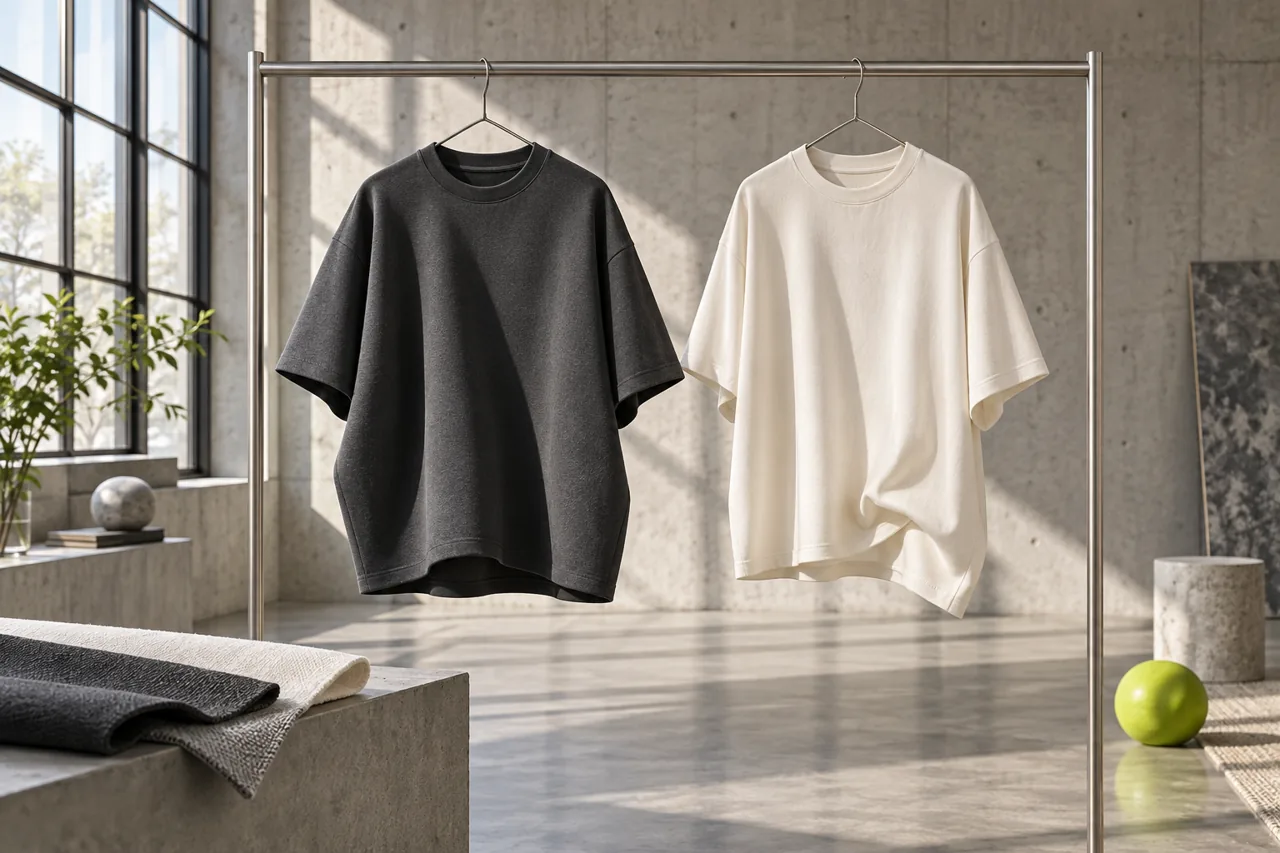 Two unbranded oversized T-shirt concepts showing a structured charcoal body and a softer ivory silhouette