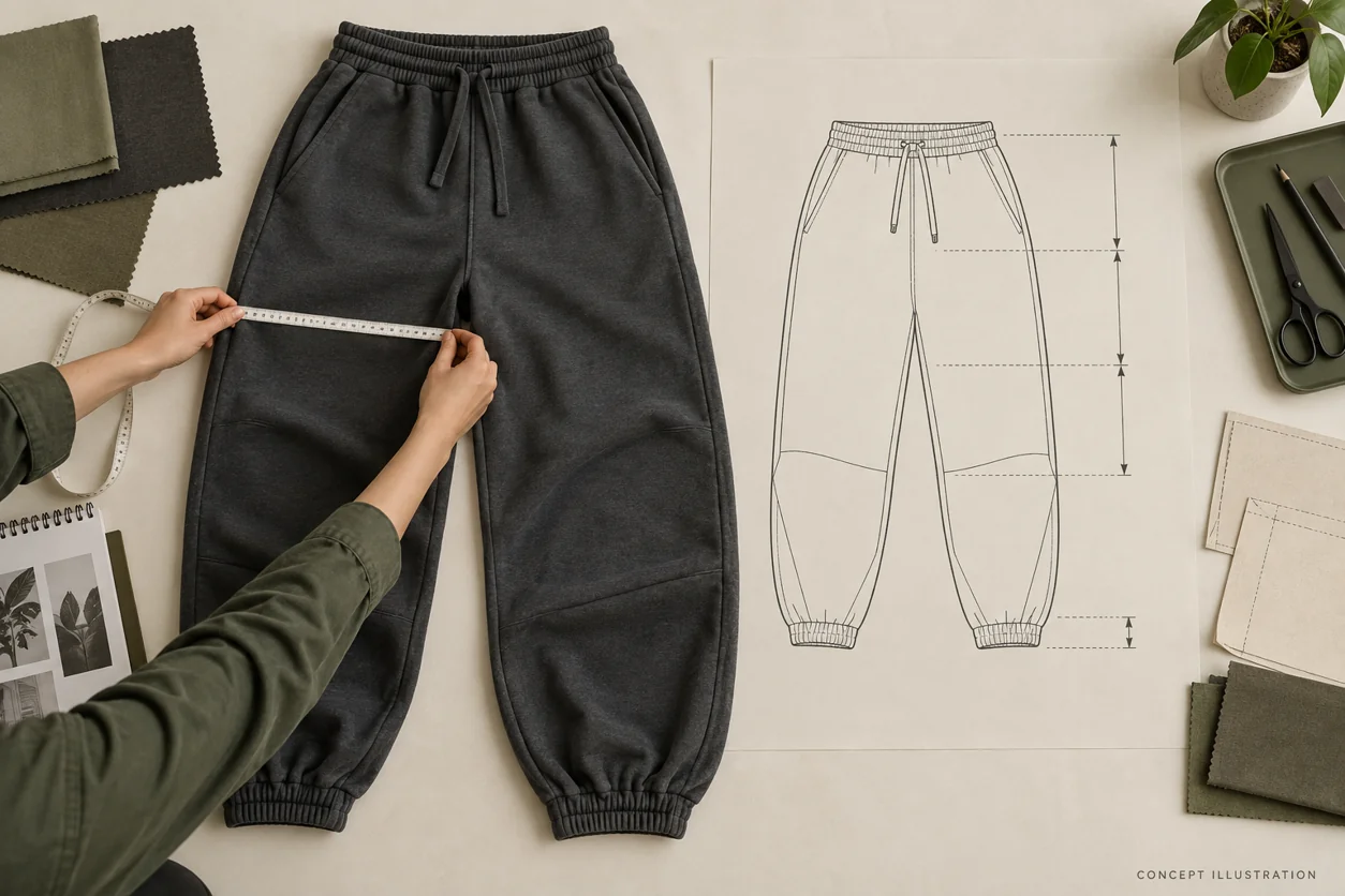 A baggy jogger laid flat for a buyer and pattern maker to discuss its measurement locations