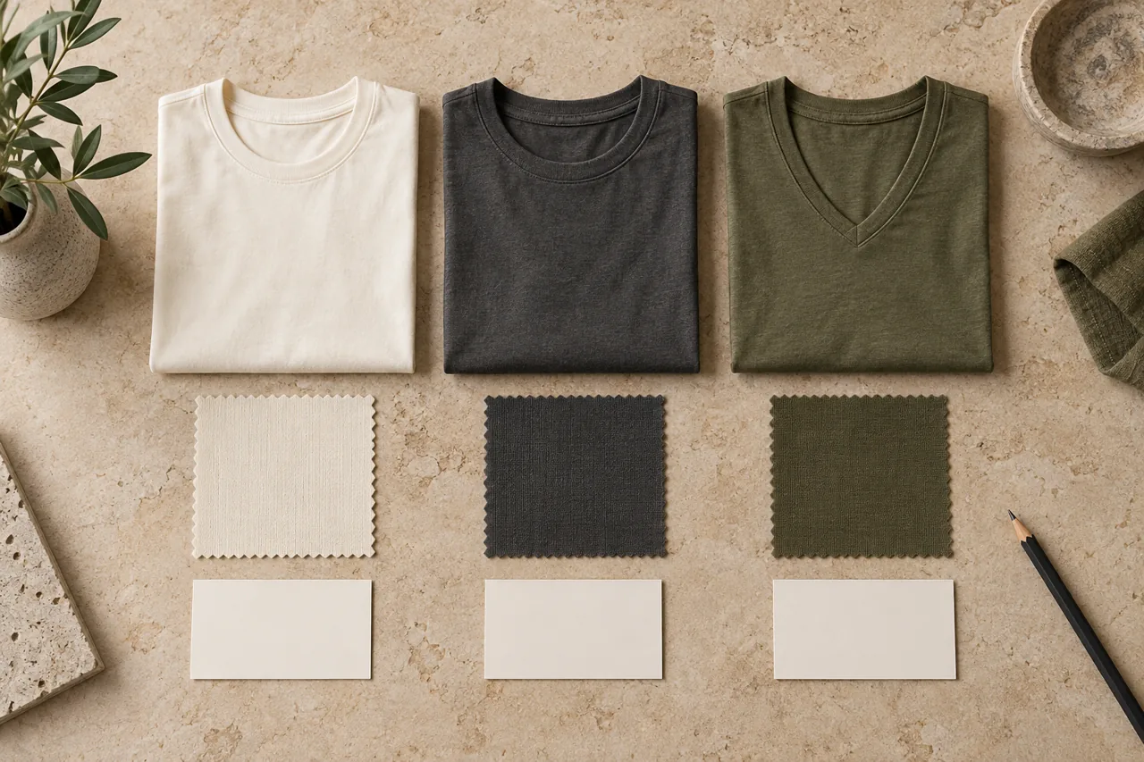 Conceptual assortment planning arrangement with folded tees and coordinated colour swatches