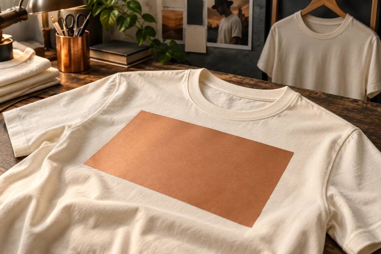 An existing cream tee retains its collar and seams while a removable card indicates a proposed graphic area