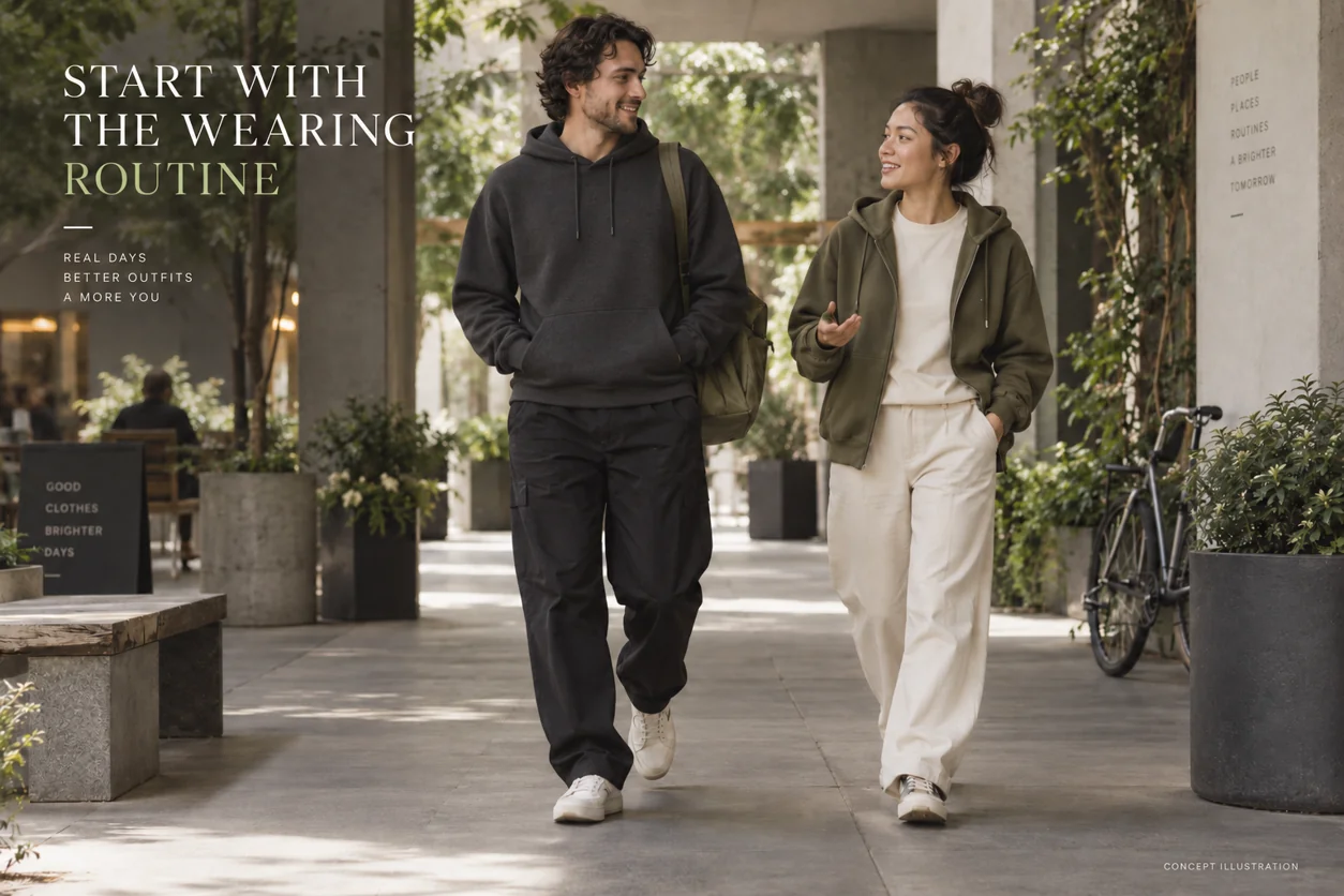 Conceptual urban scene comparing a relaxed pullover with an open full-zip hoodie in everyday layering