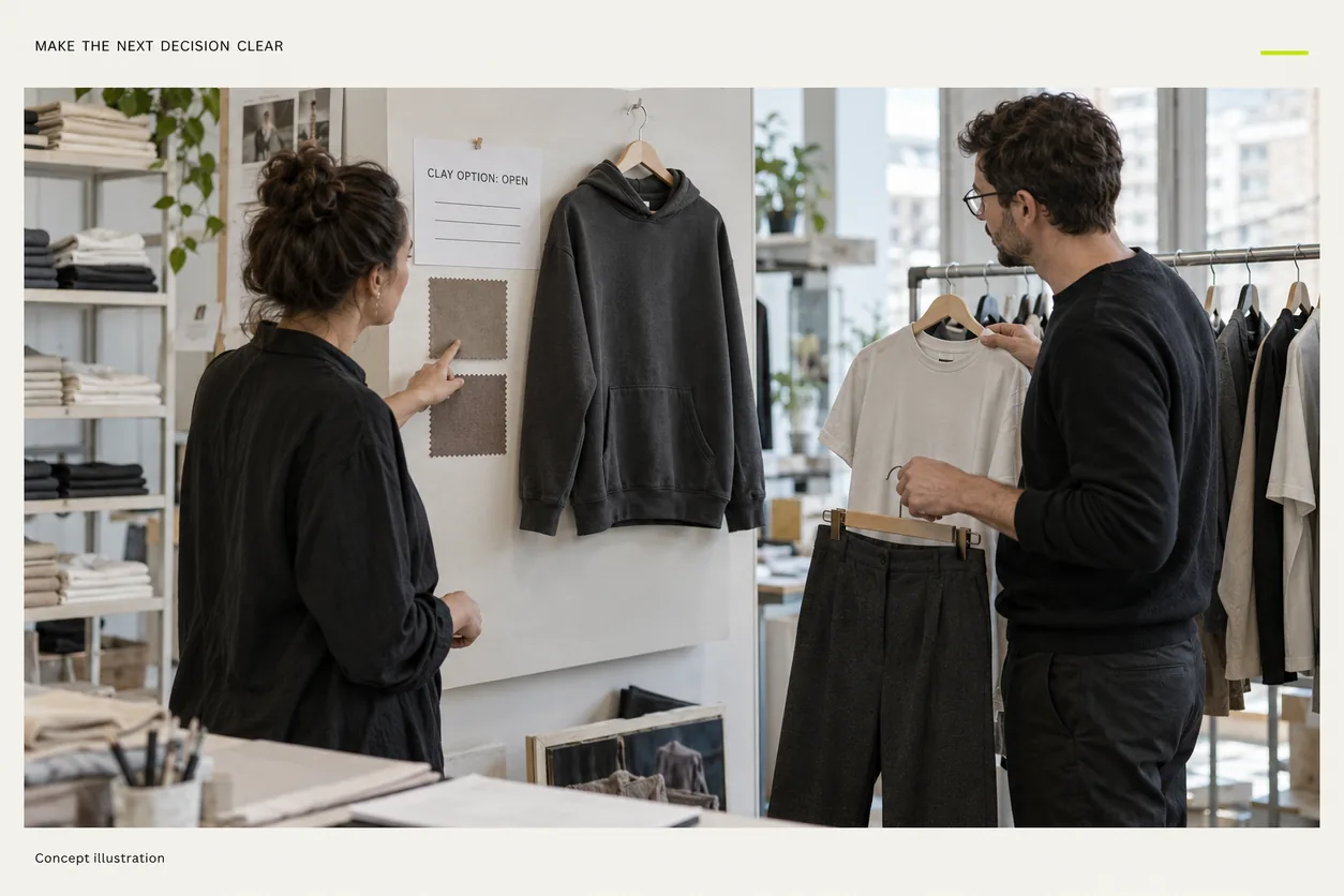 Buyer and designer discussing an open clay colour option beside a hoodie, tee and trouser combination