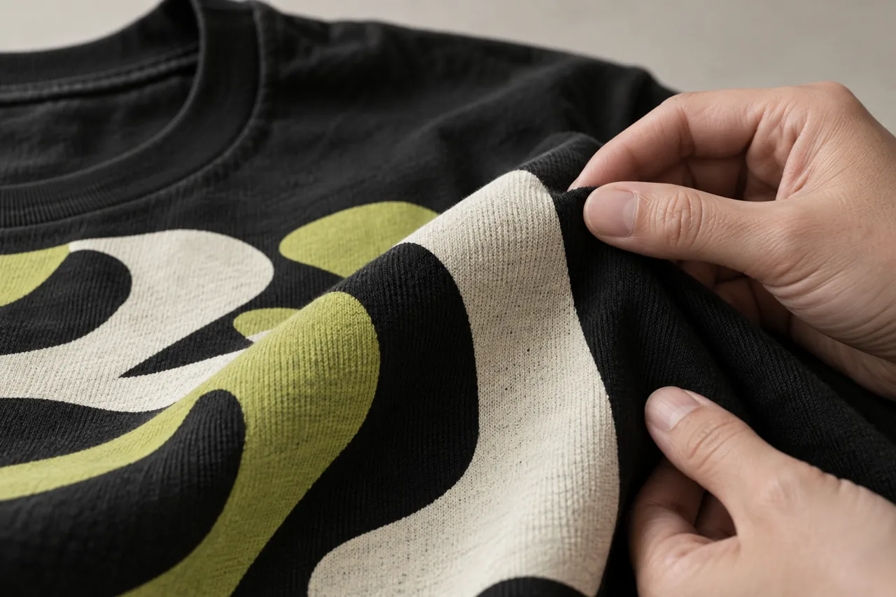 Conceptual close view of fingers lifting a fold in a printed cotton T-shirt to assess the decorated surface