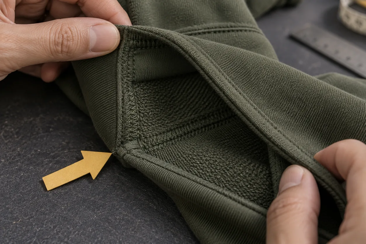 Hands expose an olive garment's inside knit join while a removable paper arrow identifies the area