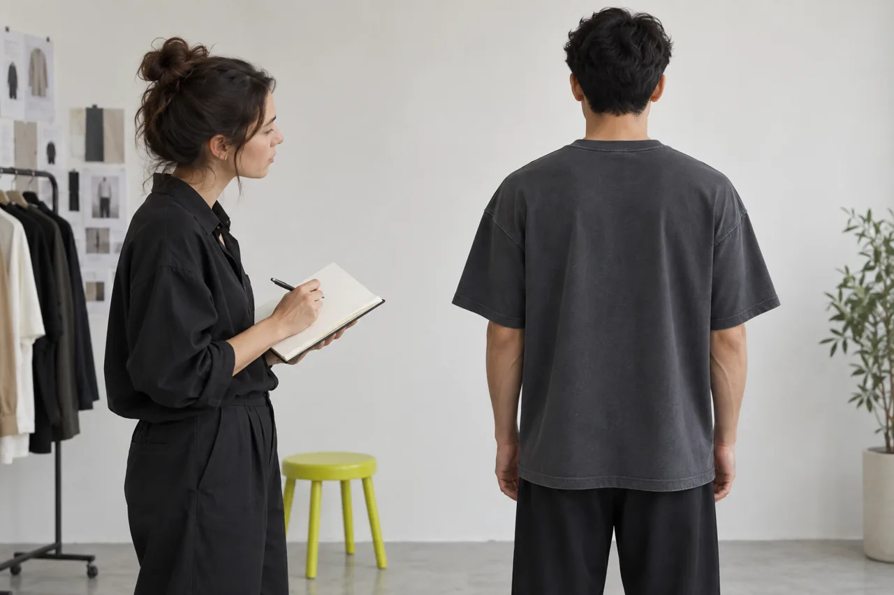 A conceptual fitting review focuses on the back shoulder line while a designer records sample observations