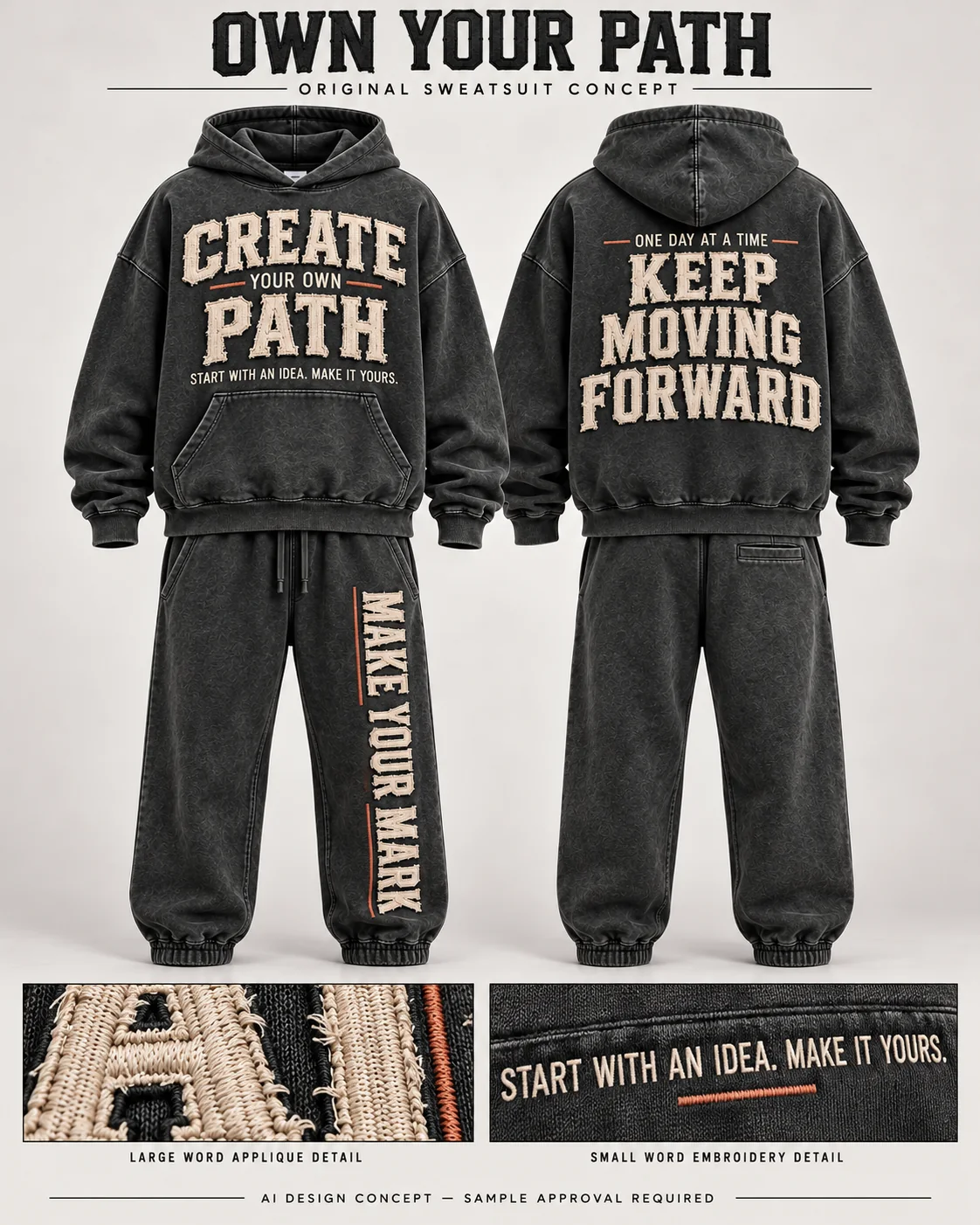 Original Own Your Path concept showing charcoal hoodie and joggers from the front and back with cream statement lettering