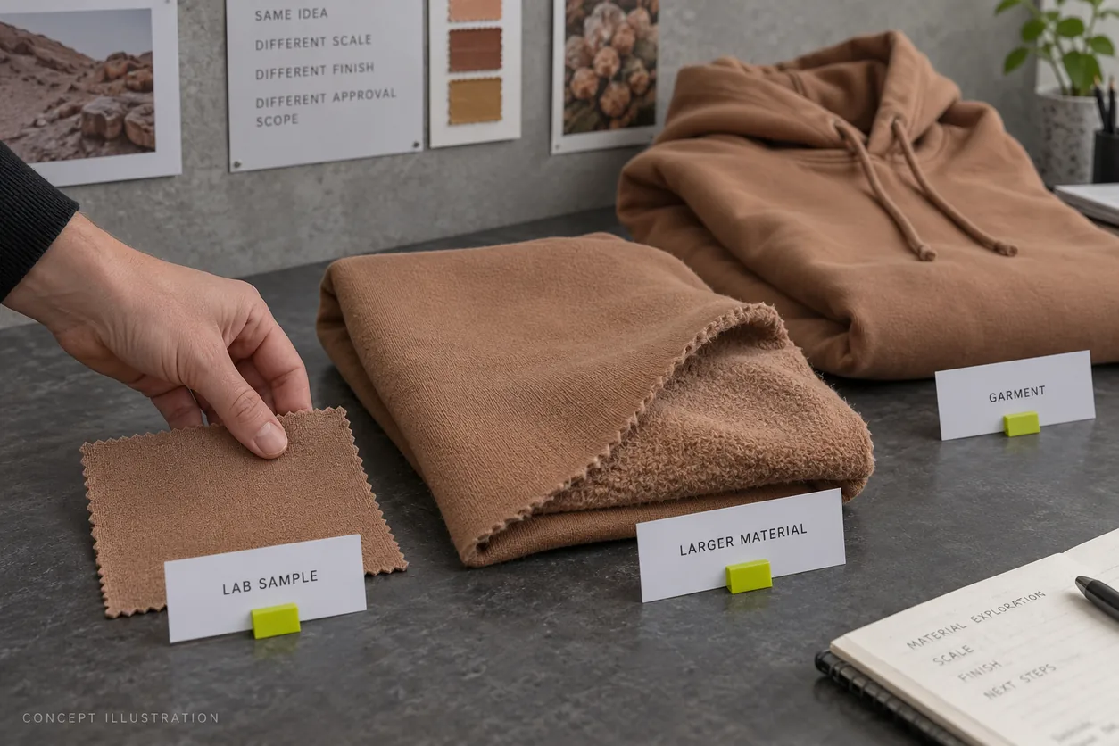 Conceptual clay laboratory swatch, larger fleece material and complete hoodie showing separate review scopes