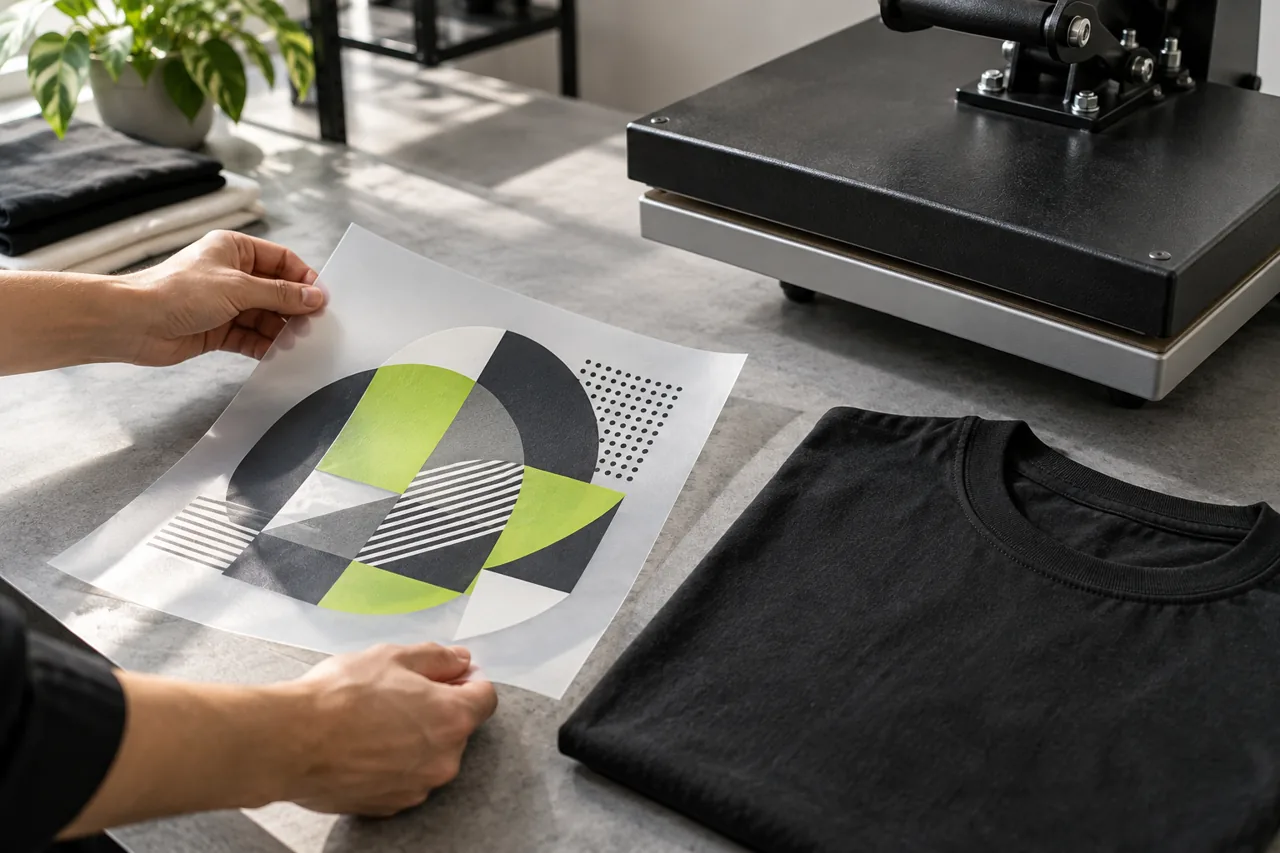 Conceptual printed transfer film beside a heat press and a charcoal T-shirt