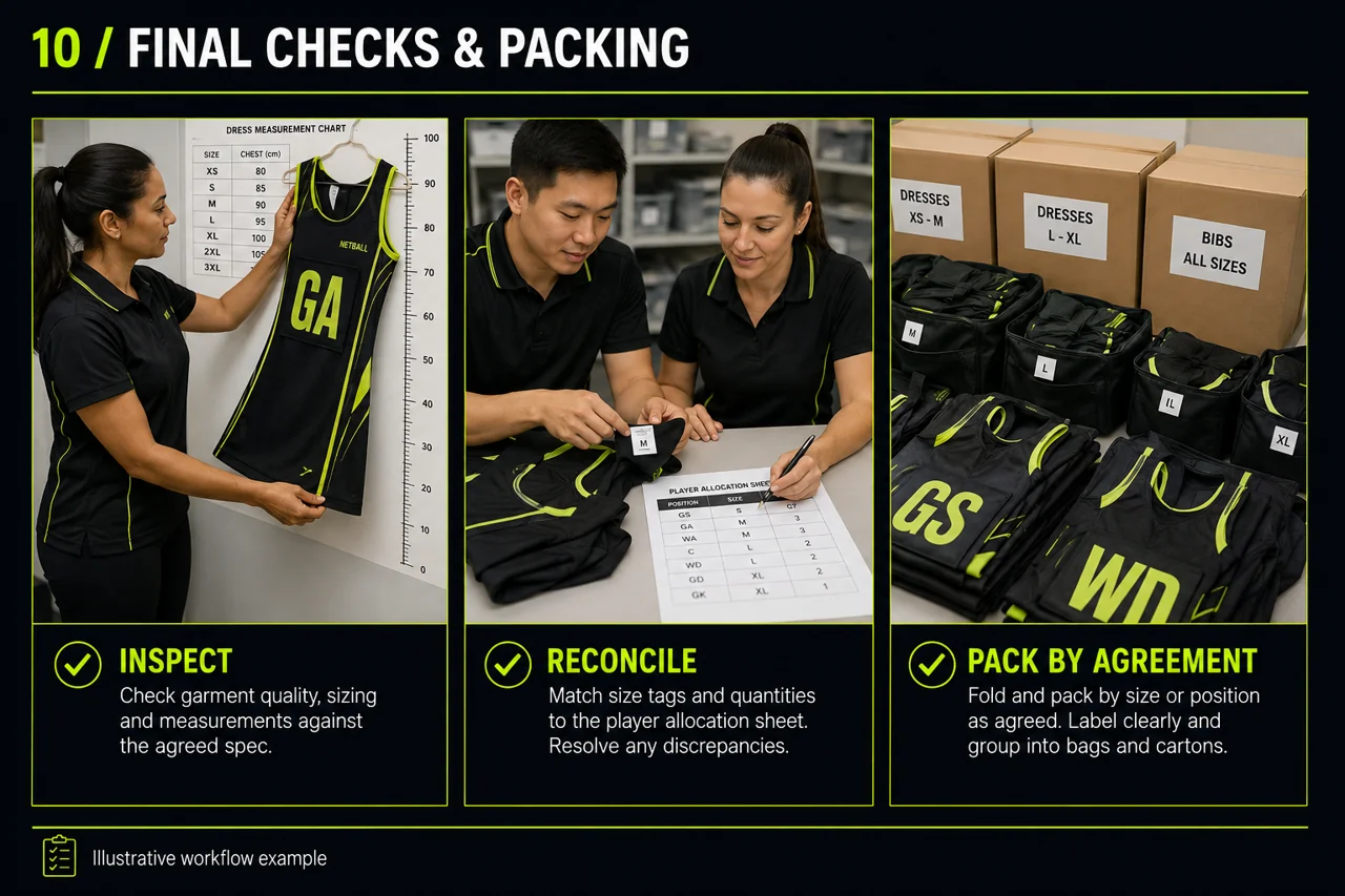 An inspector checks a netball dress, reconciles size allocations and prepares grouped garments for packing