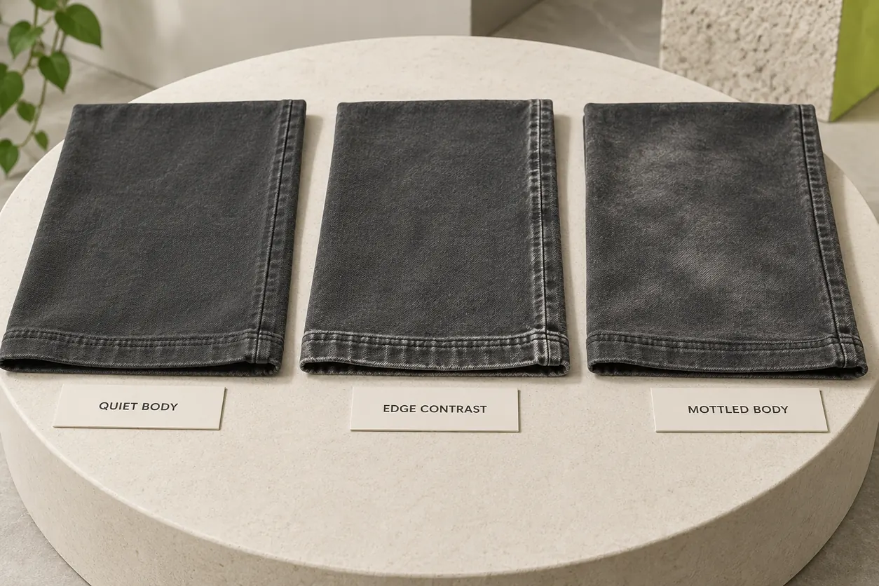 Conceptual charcoal garment panels comparing quiet body tone, lighter seam edges and broad mottled appearance