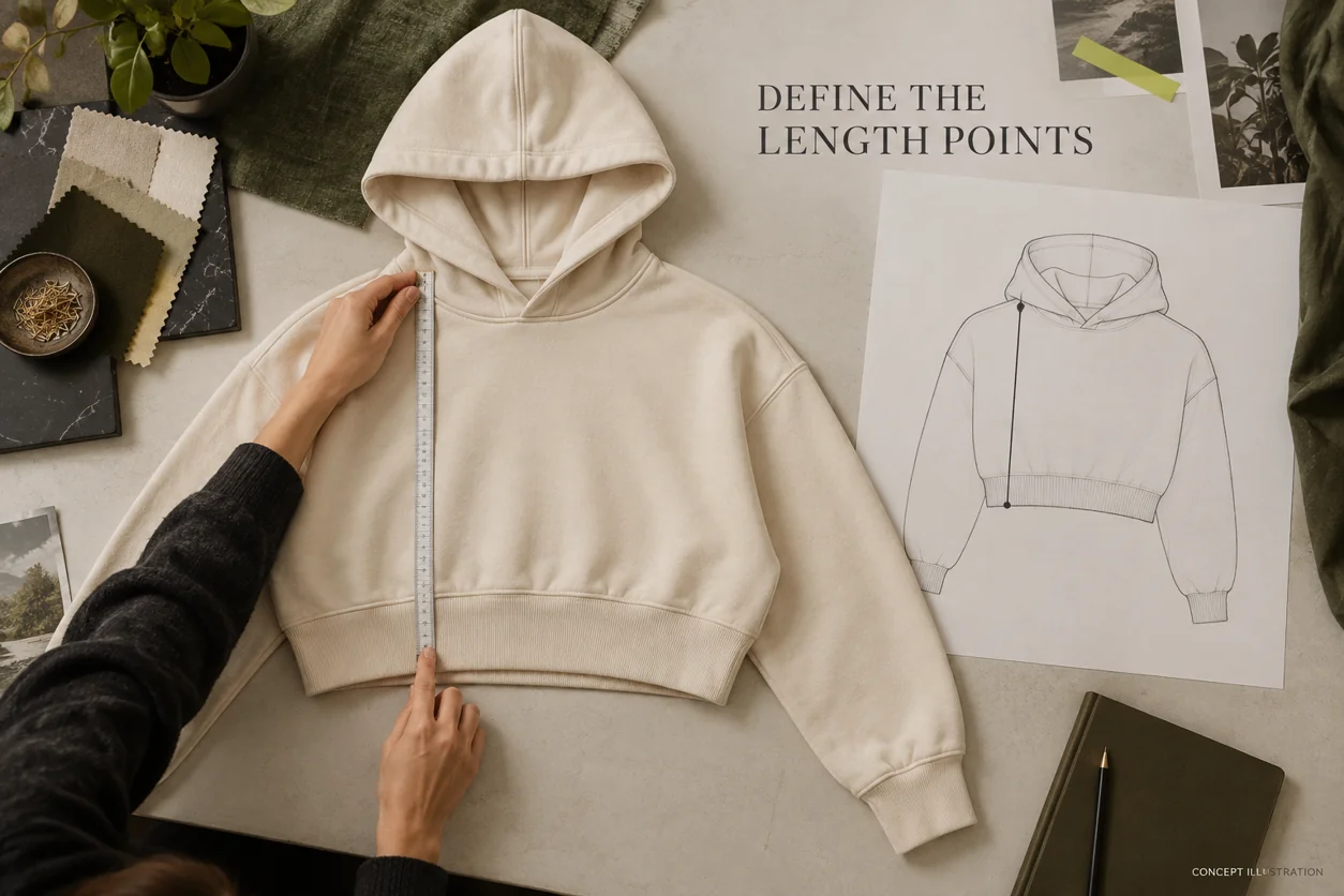 Conceptual cropped hoodie laid flat beside a measuring-point sketch and a tape running from shoulder to finished hem