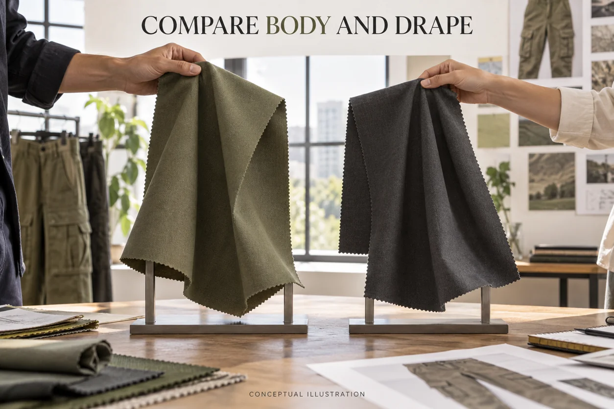 Adult buyers compare the folds of two suspended fabric specimens in a naturally lit atelier