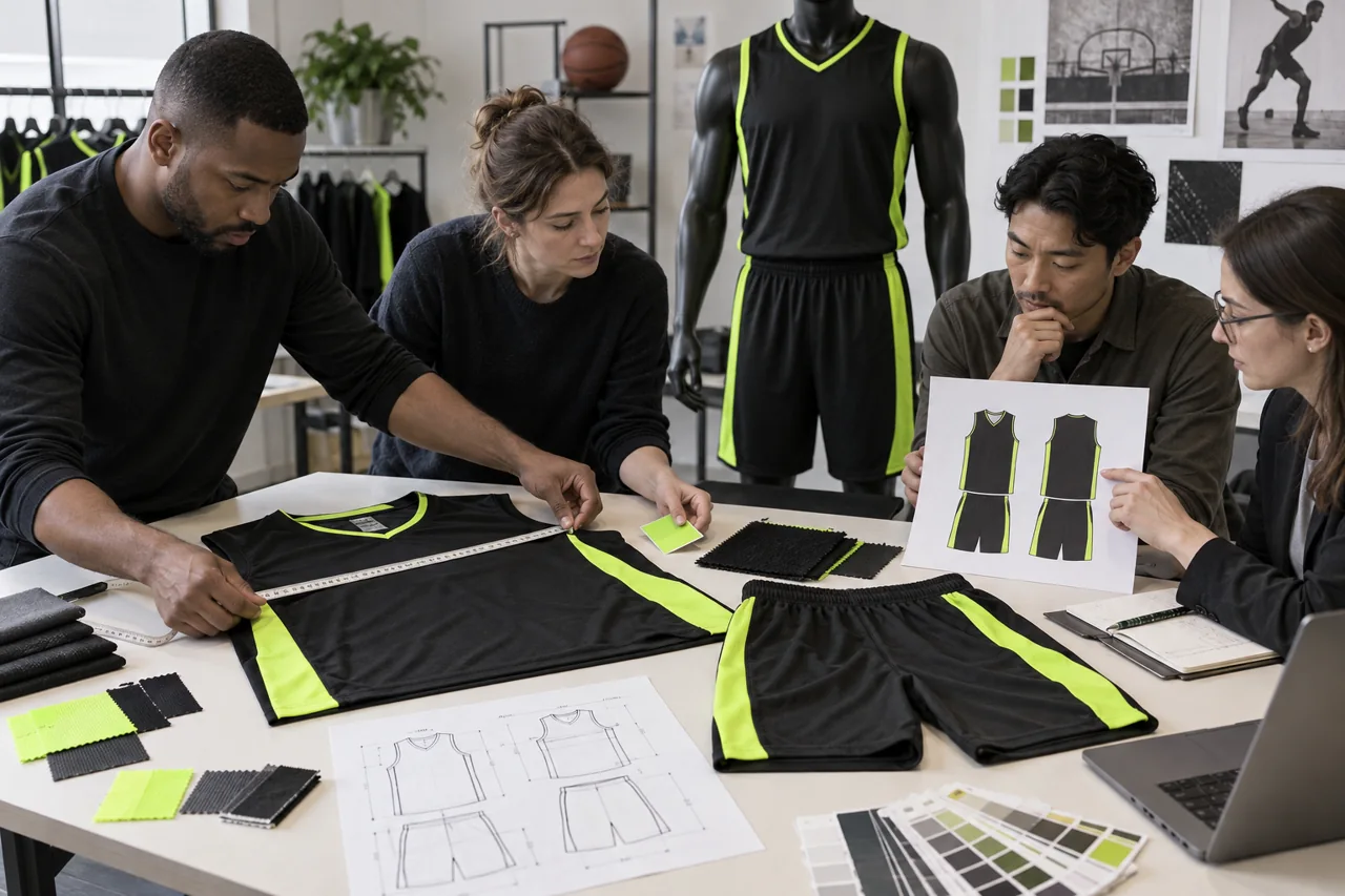 Compare the complete jersey-and-shorts brief with the sample, colour references and measurement requirements.