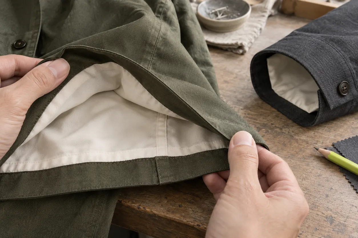 Conceptual close-up shows an olive jacket hem connection and a separate charcoal cuff interior being inspected gently
