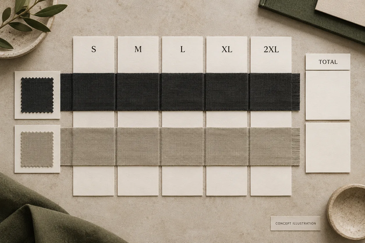 Two fabric-color rows cross five labeled size columns with empty cells and row-total boxes