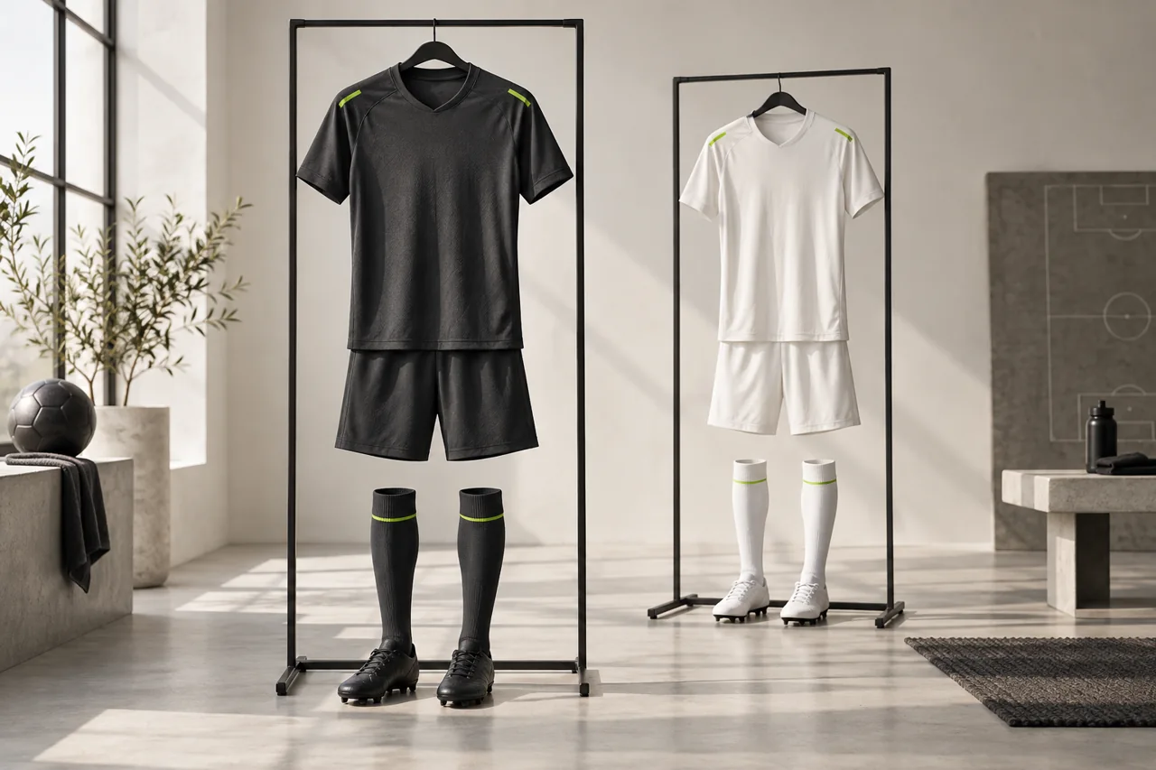 Charcoal and off-white soccer kits show different dominant colours while sharing a small lime accent.