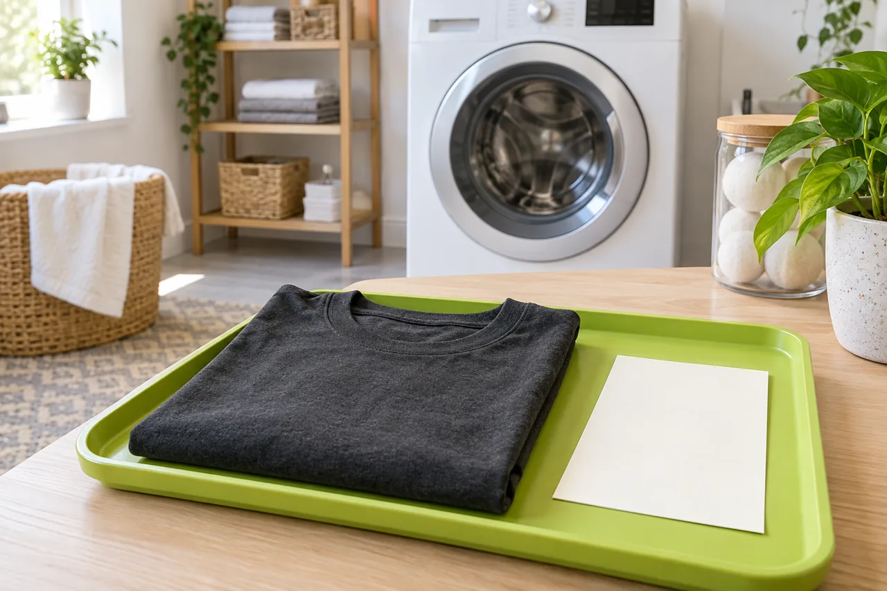Conceptual laundry workspace with a washing machine and an identified garment care record