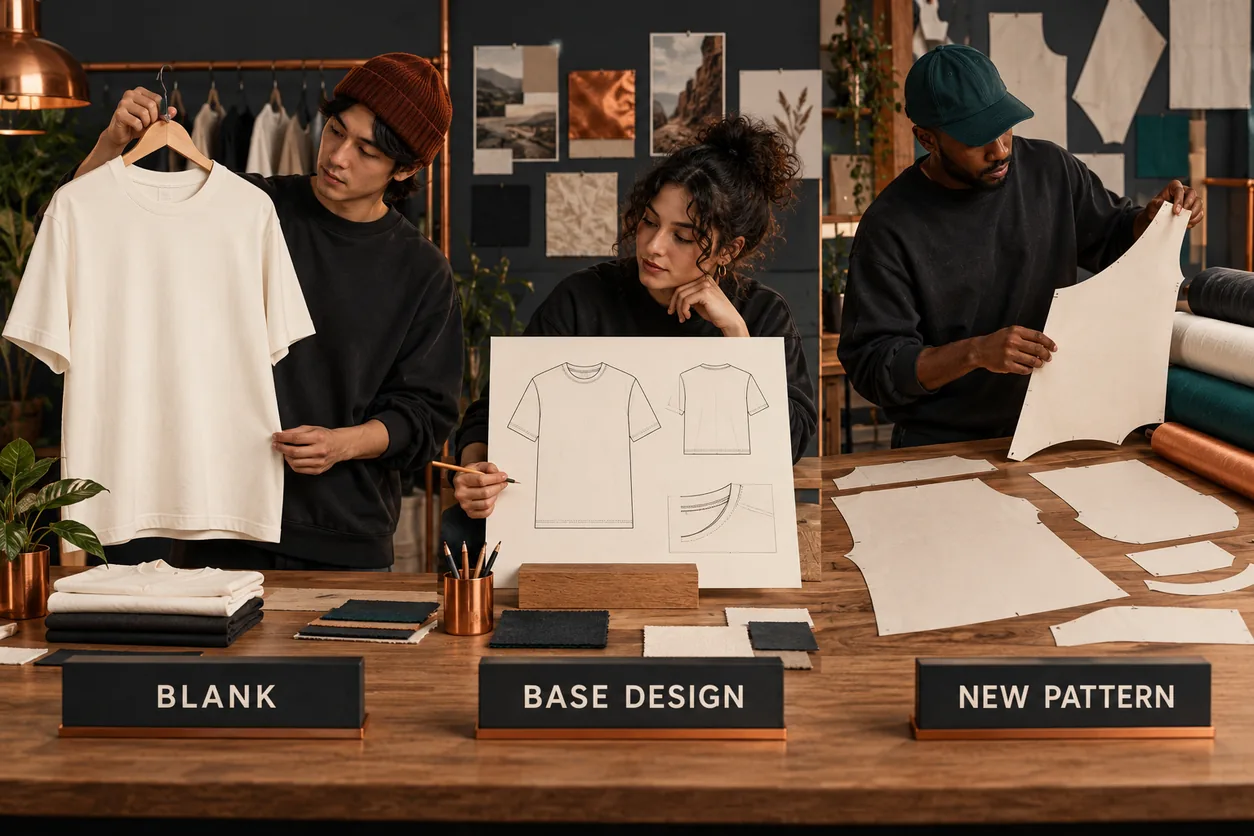 Three conceptual starting points show a finished blank, a base-design drawing and new-pattern development