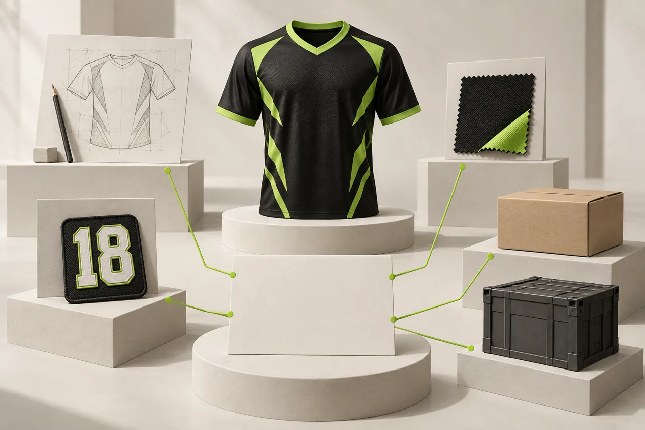 A jersey is displayed with separate objects representing artwork, samples, personalisation, packaging and transport.