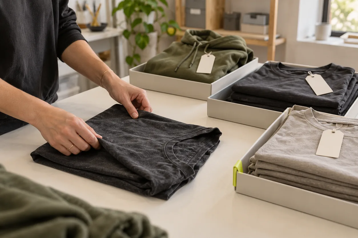 Hands fold a charcoal tee beside separate trays of charcoal and stone tees and a distinct olive hoodie