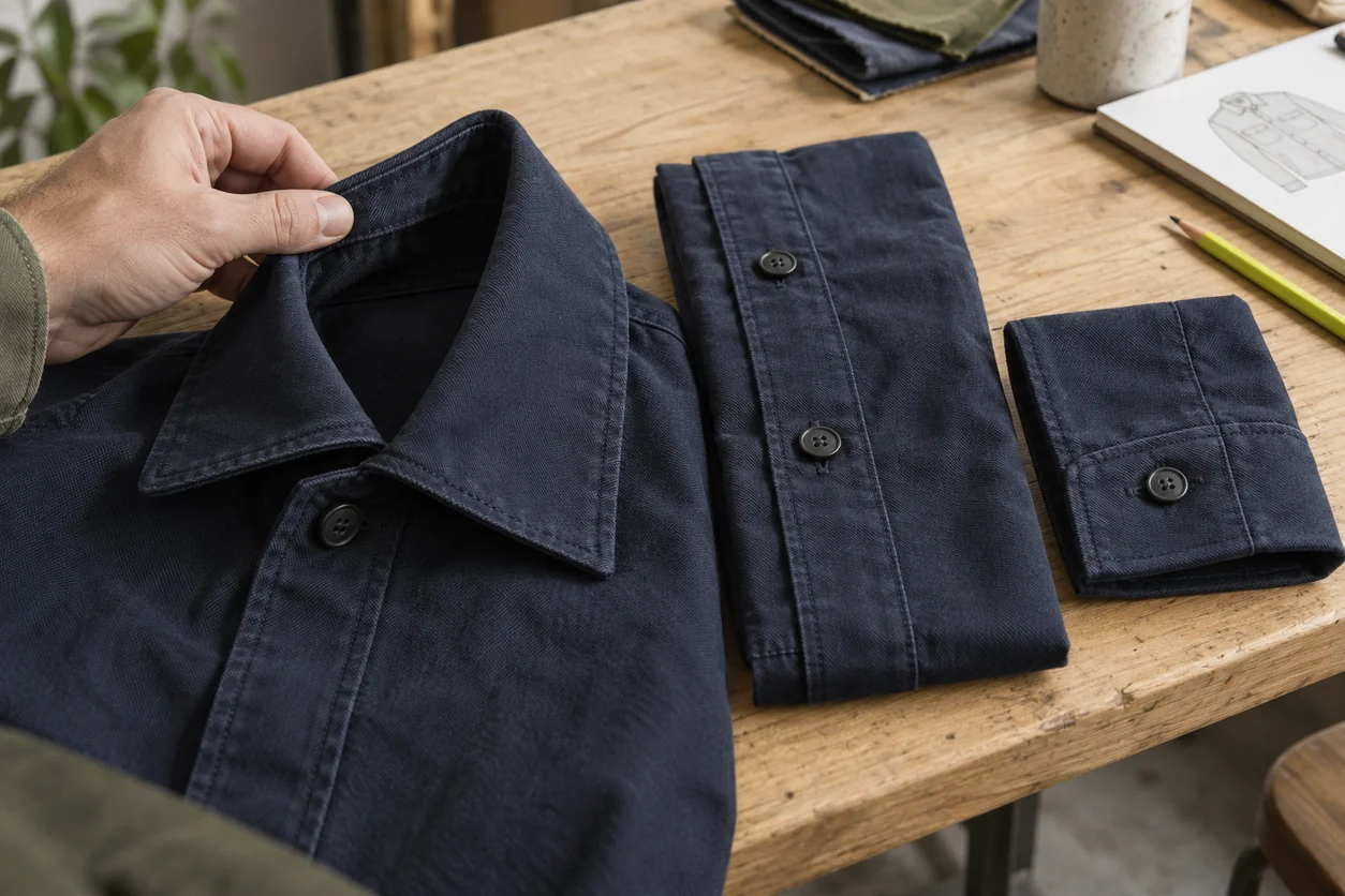 Conceptual navy twill construction specimens show a collar fold, front placket and cuff made from the same material proposal