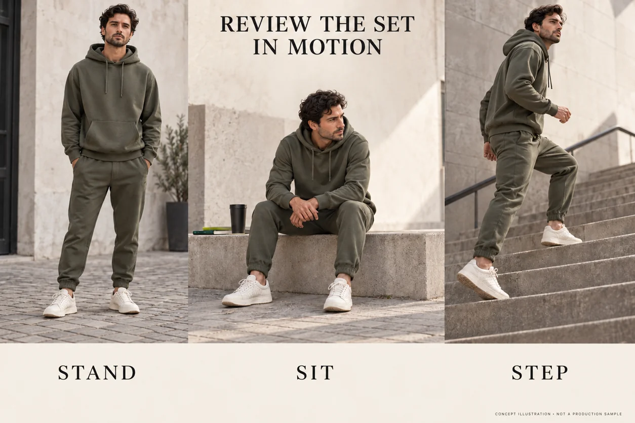 Concept sequence showing an adult wearer standing, sitting and stepping in a coordinated hoodie and jogger set