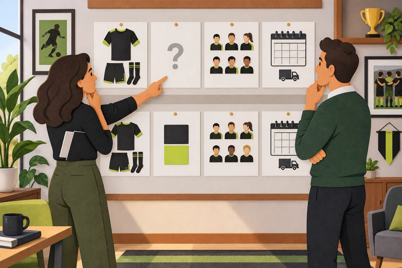 Two team buyers review a planning board where one quotation leaves a reference unconfirmed while the other has a complete set of details.