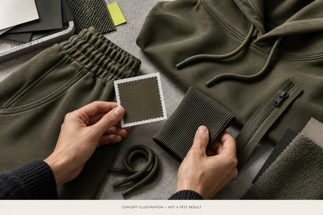 Conceptual buyer arranging hoodie and jogger components around a physical olive colour target