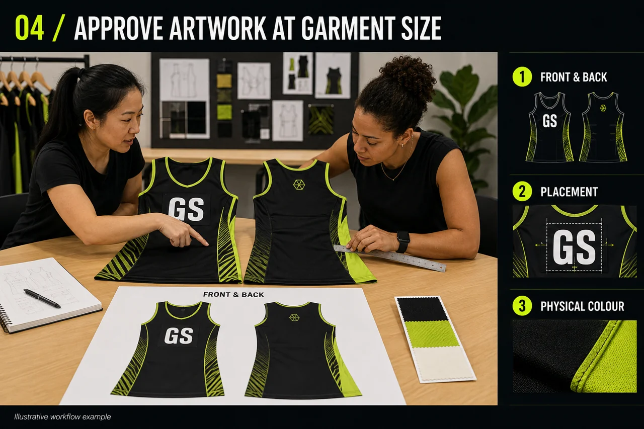 Compare front and back artwork, placement and physical colour against the sample.