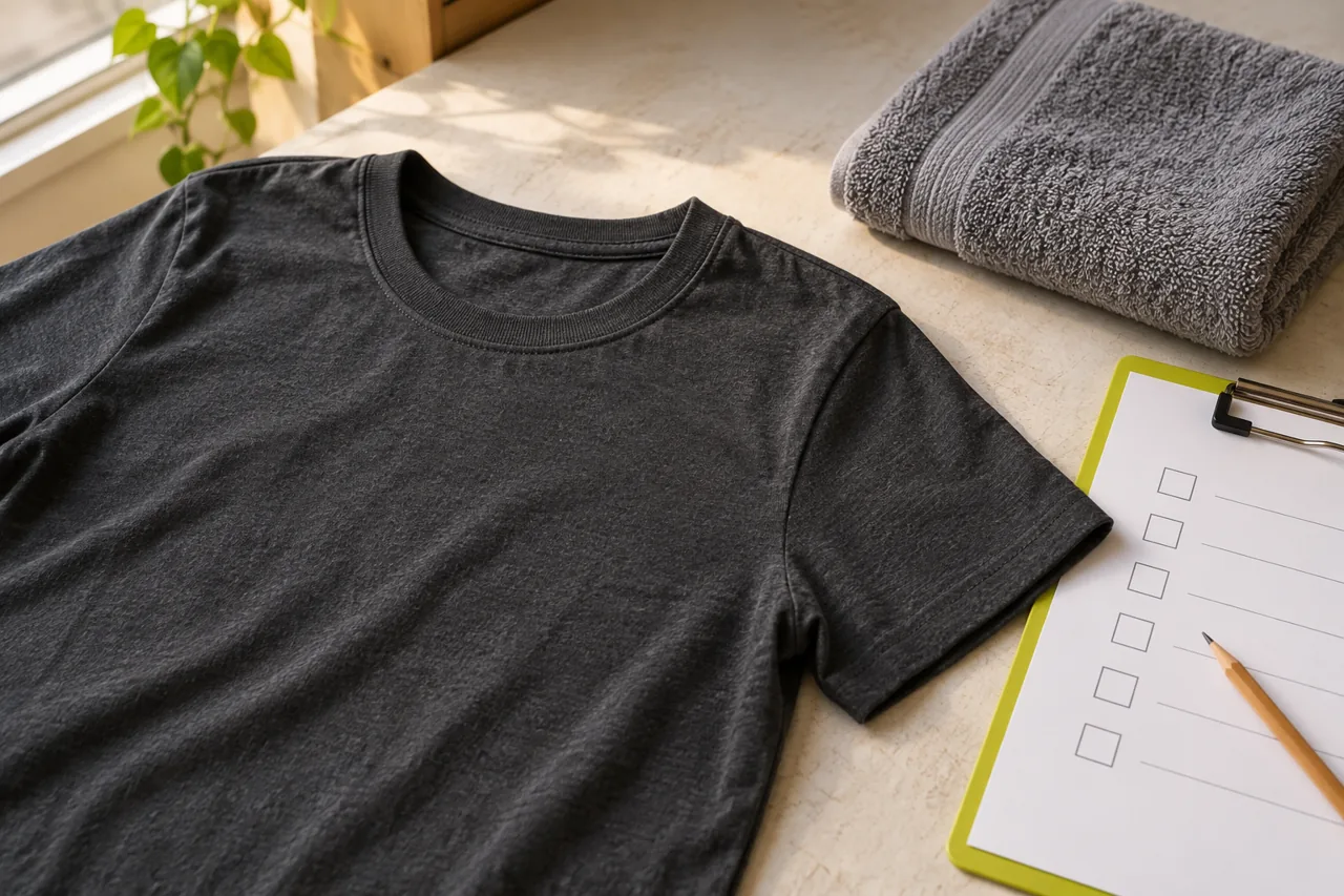 Conceptual T-shirt laid flat beside a towel and a blank care-review sheet