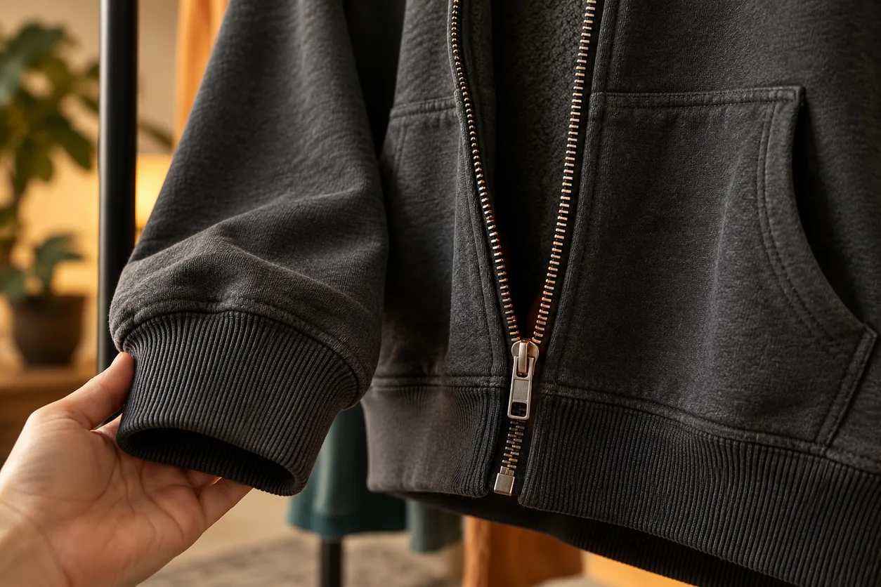 Close view of a conceptual charcoal hoodie zipper, pocket opening and supported rib cuff