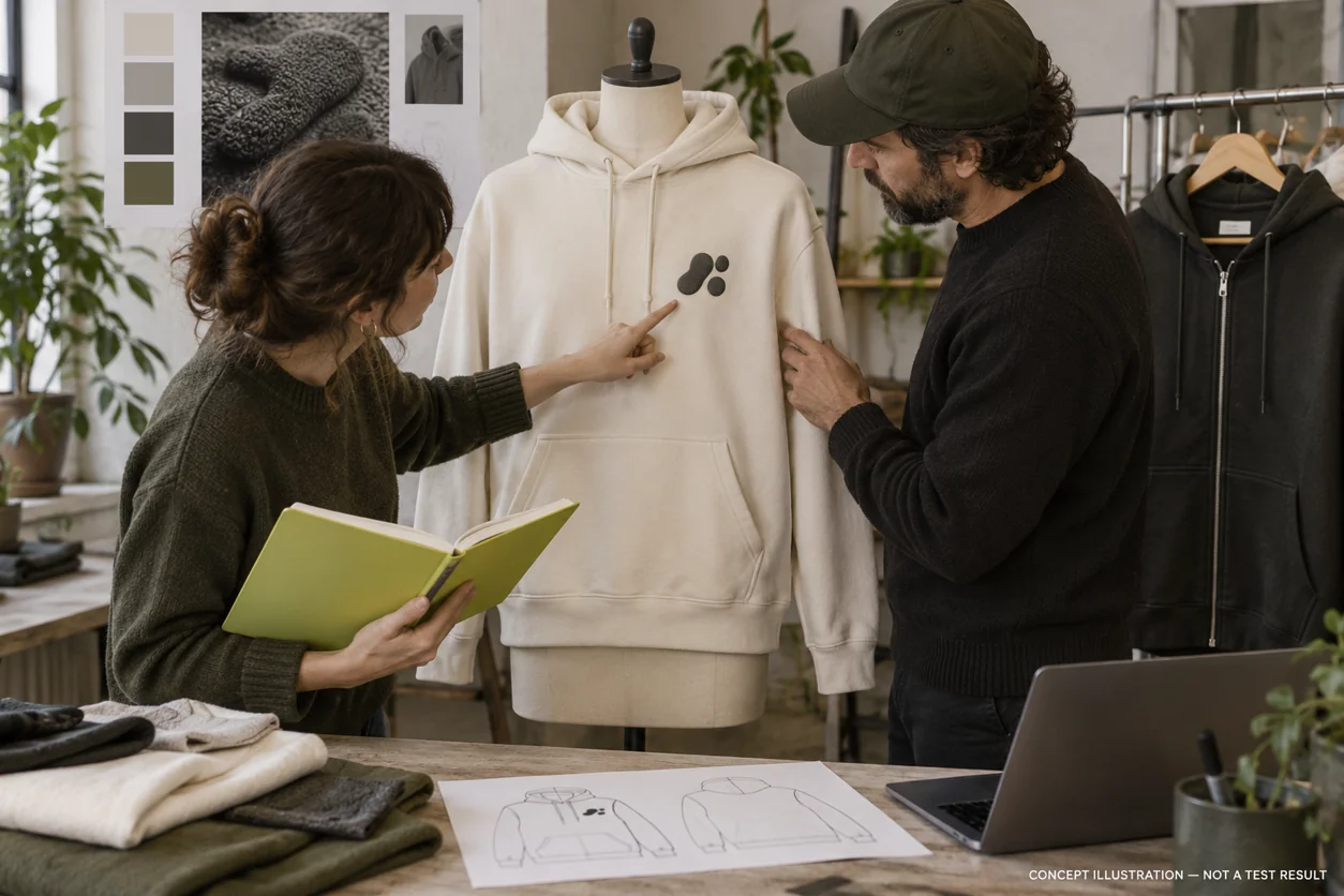 Concept buyer review of raised chest artwork above the pocket on a pullover hoodie