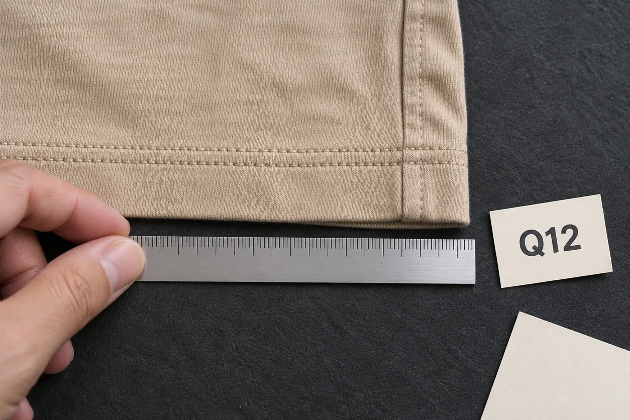 A conceptual sand T-shirt hem sits beside a small ruler and Q12 case card on a neutral surface