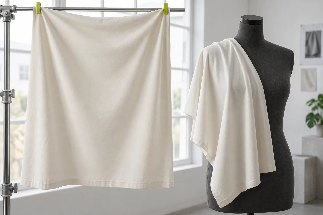 Ivory jersey shown against light and a dark display form to illustrate checking coverage in different conditions