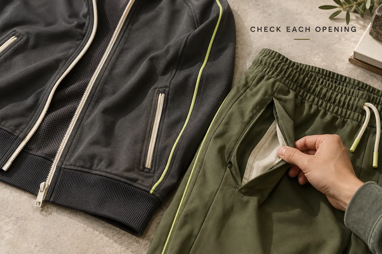 Close construction view of the track jacket zipper and hem beside the trouser waistband and pocket opening