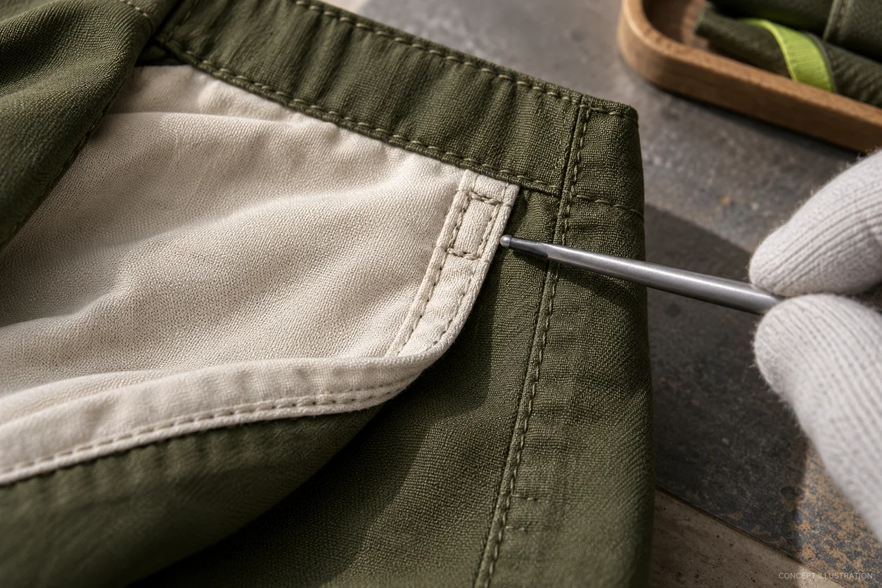 Conceptual reverse-side macro separates a finished pocket-bag edge, joining stitches and compact reinforcement at an olive pocket opening