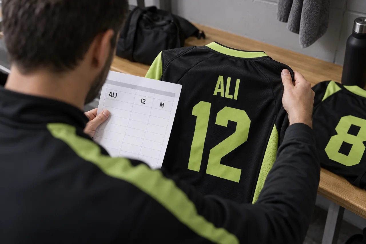 A team manager compares a jersey marked ALI and 12 with the matching name, number and size on a roster.