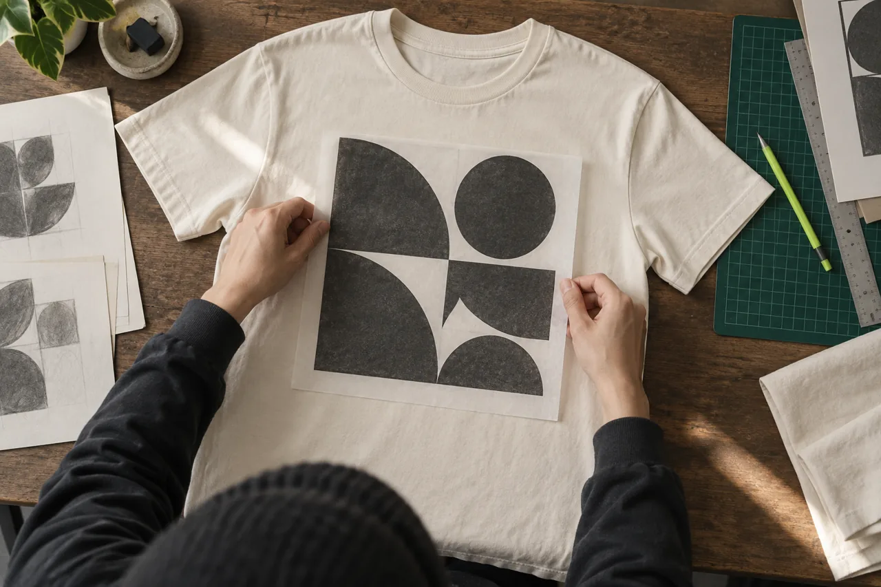 Conceptual designer positioning a full-size paper graphic on an ivory T-shirt