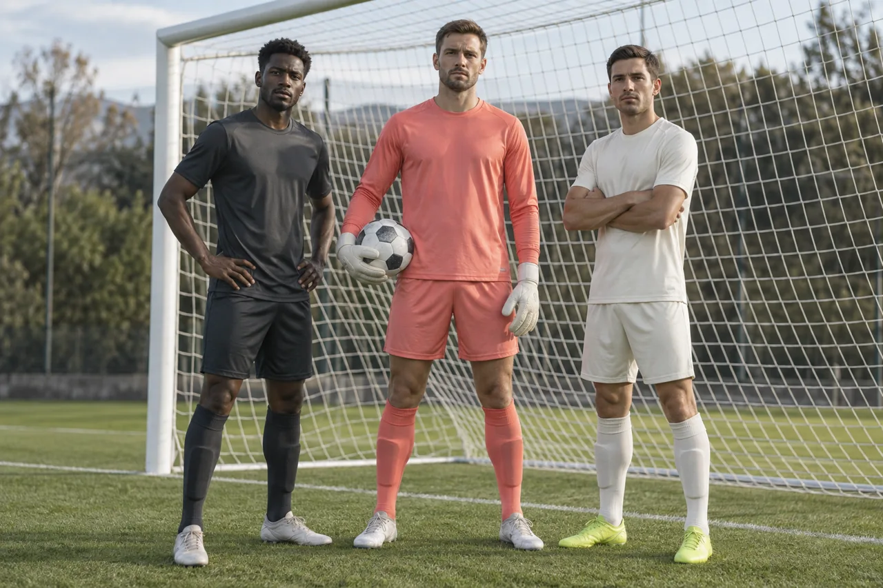 A goalkeeper in coral stands beside outfield players in charcoal and off-white example kits.