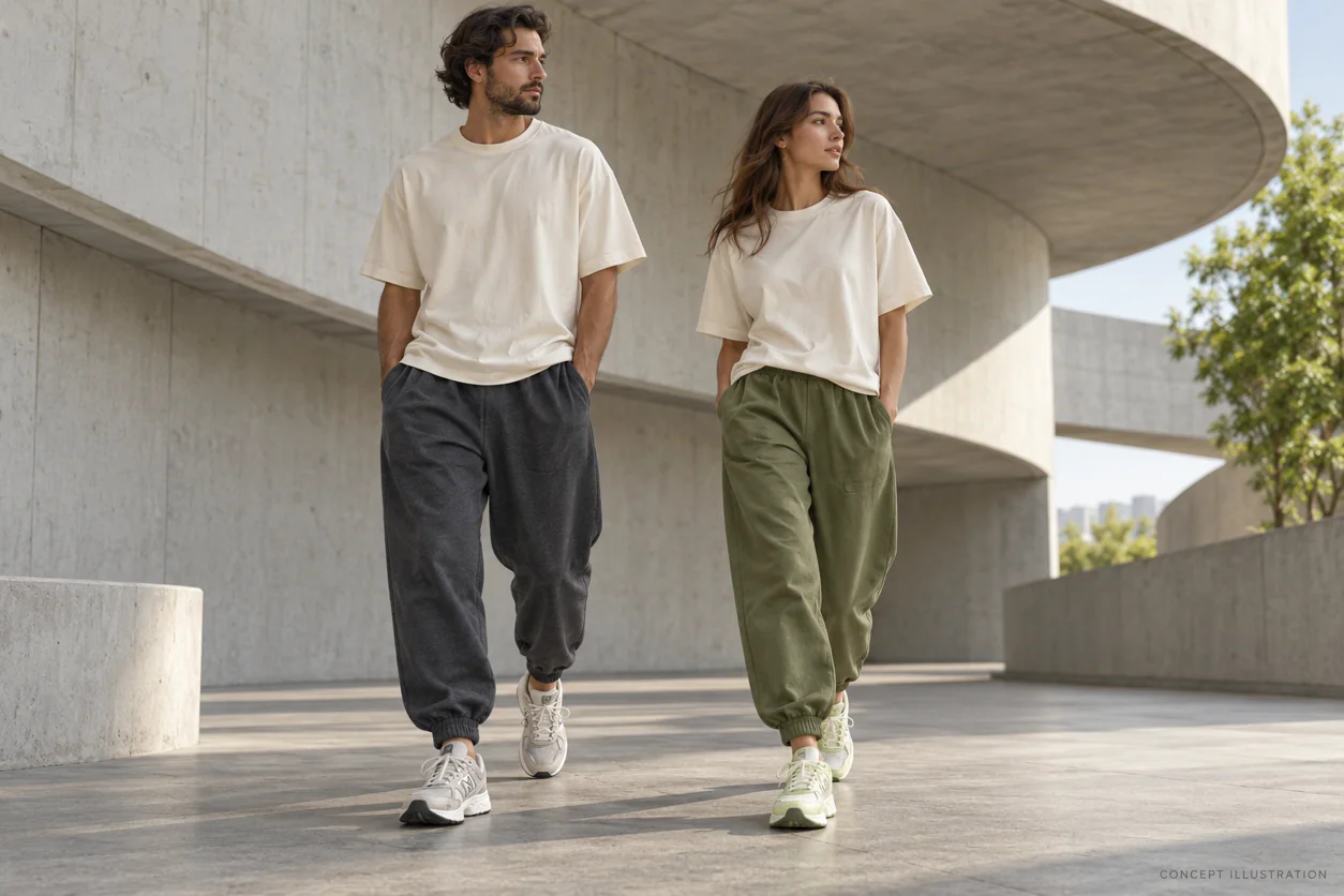 Adult wearers showing roomy cuffed joggers with simple tops and sneakers in an architectural setting