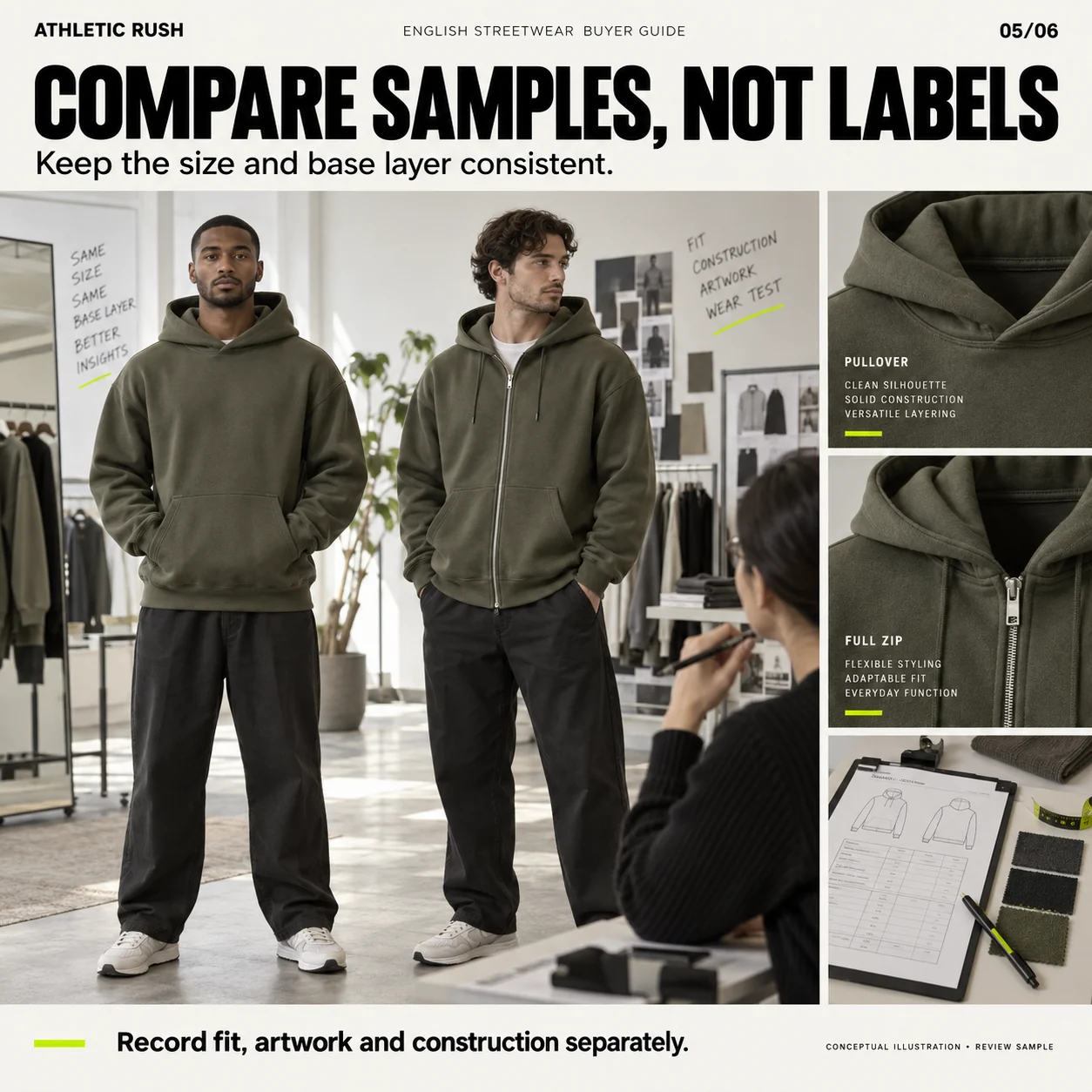 Conceptual fitting review of a pullover and full-zip sample with comparable size and base-layer conditions