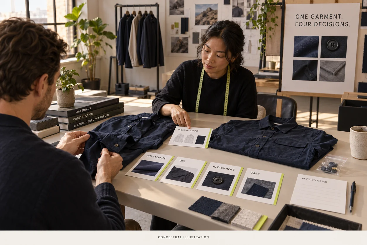 Conceptual buyer and maker review appearance, use, attachment and care as separate decisions on identified overshirt samples