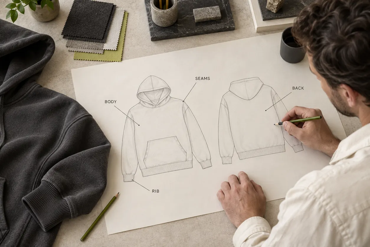 Conceptual designer marking body, seams, rib and back regions on a hoodie finish map