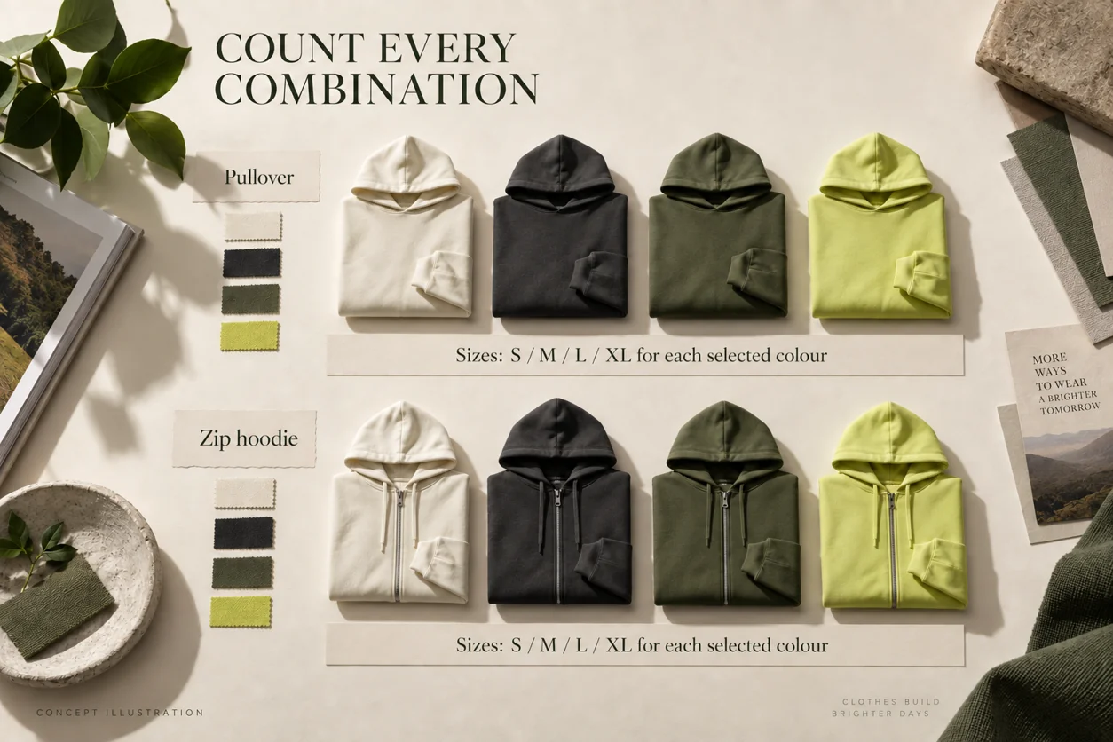 Conceptual assortment board showing hoodie styles, colour chips and size options as separate planning dimensions