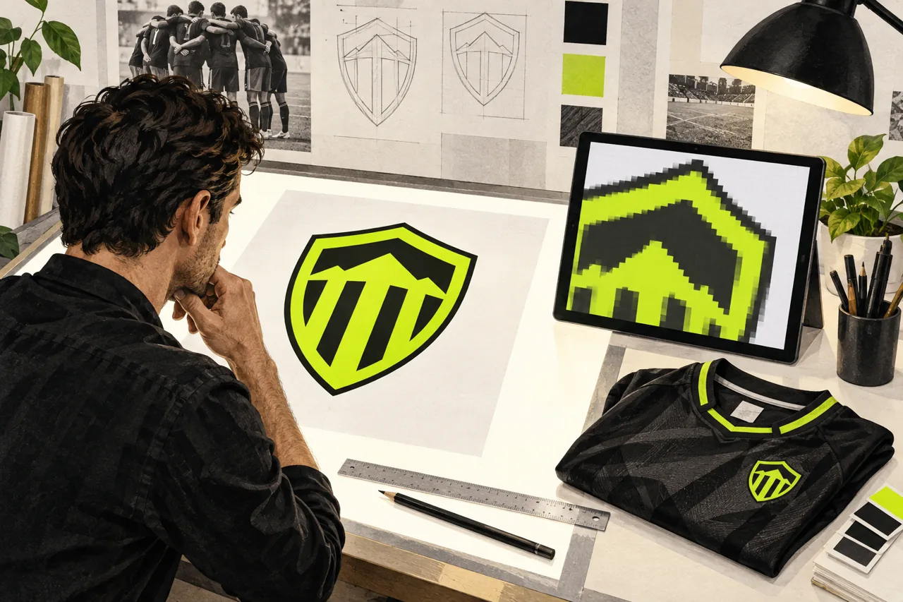 A designer compares a crisp shield emblem with an enlarged pixelated version beside a team jersey.