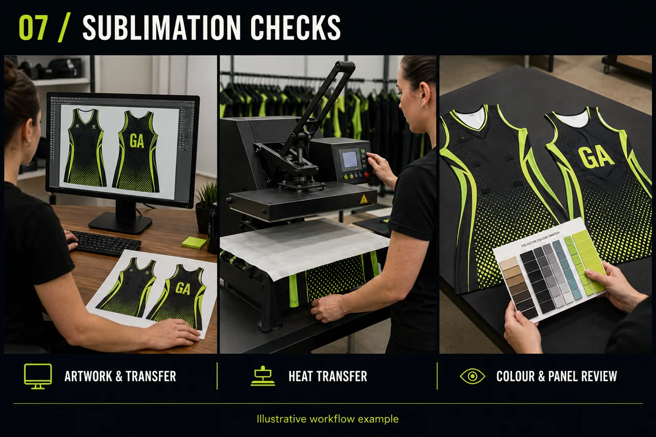 Follow the transfer-sublimation route and compare the printed result with approved fabric and colour references.