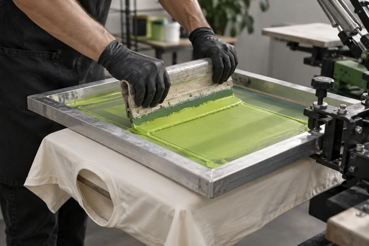 Conceptual close view of a gloved operator using a squeegee on a mounted garment-printing screen