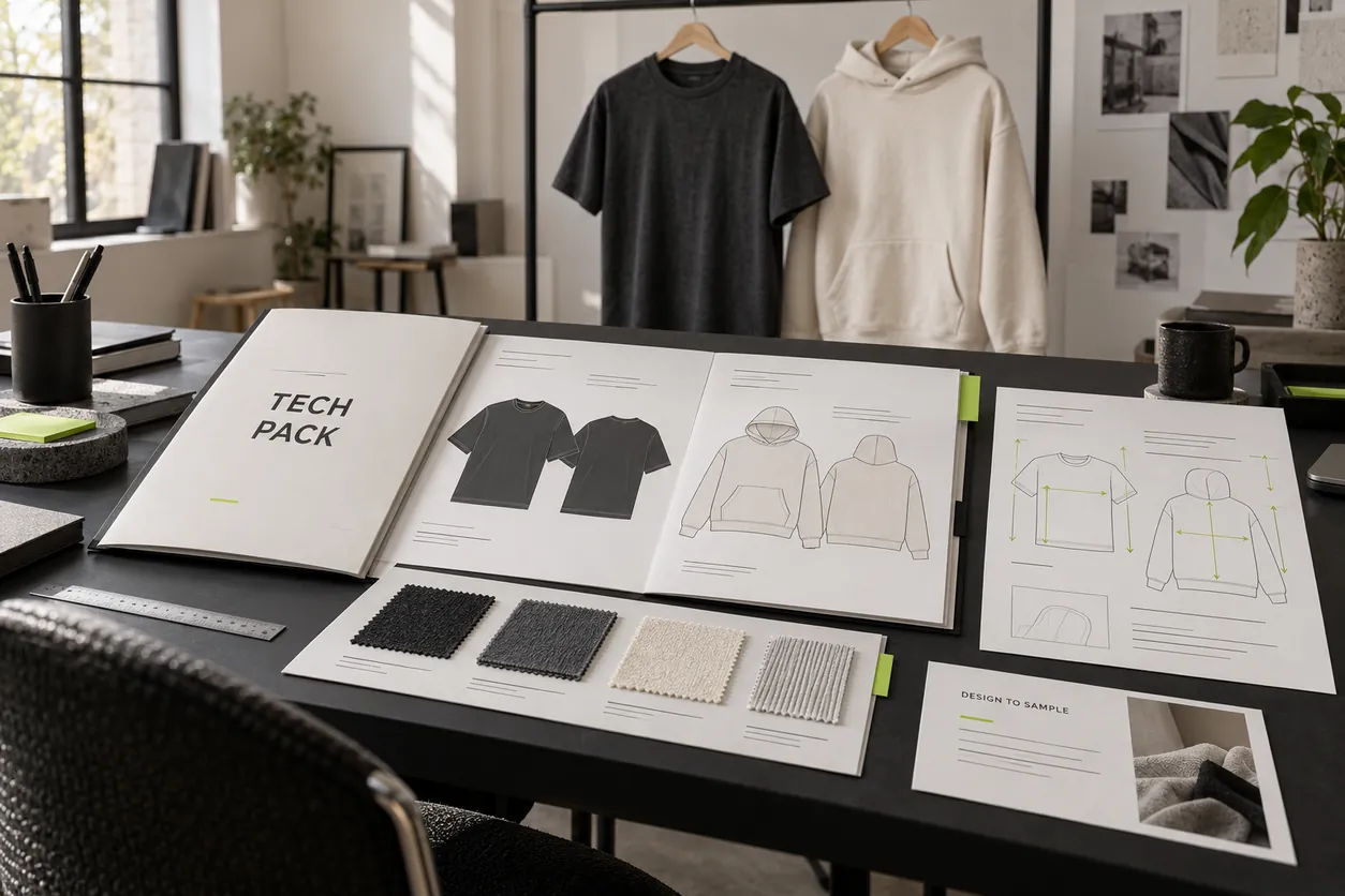 Conceptual streetwear design desk linking garment drawings, material references and a measurement page in one technical packet