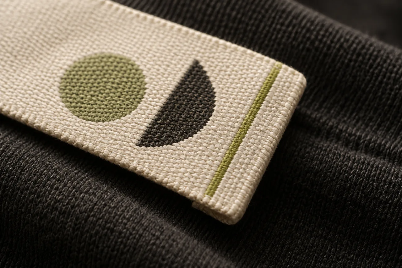 Close view of a woven label edge against cotton jersey showing the thread structure and attachment surface